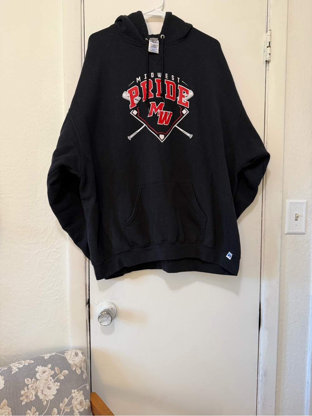 !Worn! Russell Midwest Pride Hooded Sweatshirt with Red Logo